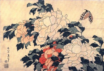  Butterfly Art - poenies and butterfly Katsushika Hokusai Ukiyoe